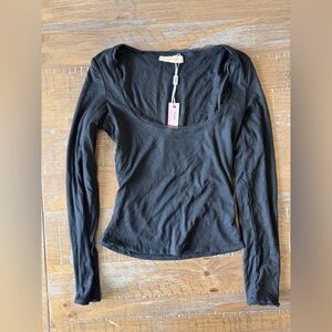 Black Long Sleeve Scoop Neck Top Doublelined Goth Skater Y2K